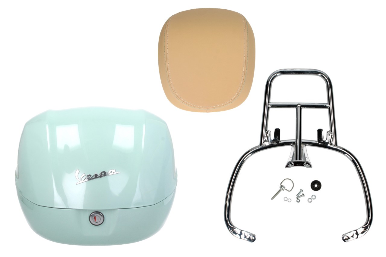 Kit Topcase 32L latte menta (350/A), respaldo beige, portaequipajes cromado para Primavera