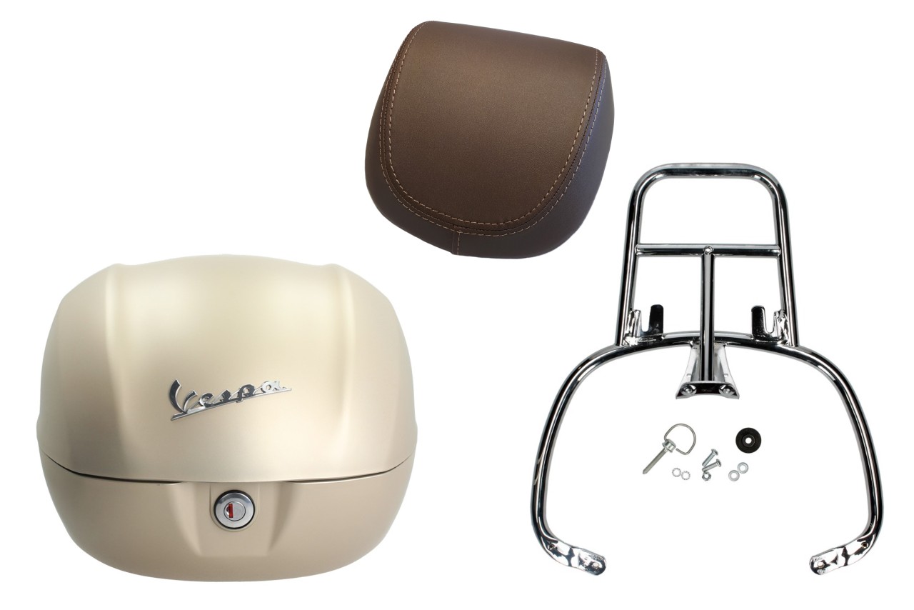 Kit baúl 32L beige unico mate opaco (516/A), respaldo marrón, portaequipajes cromado para Primavera