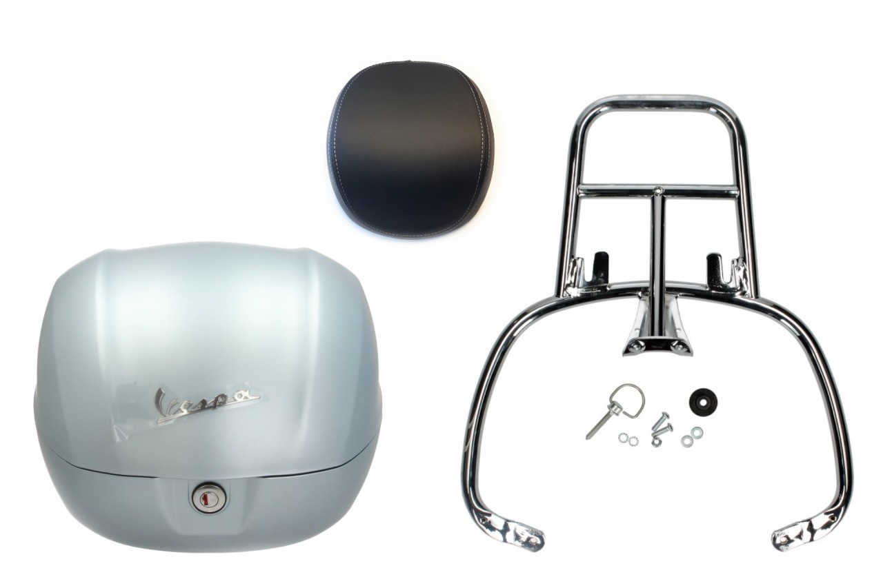 Kit Topcase 32L gris azul mate (G02), respaldo negro, portaequipajes cromado para Primavera