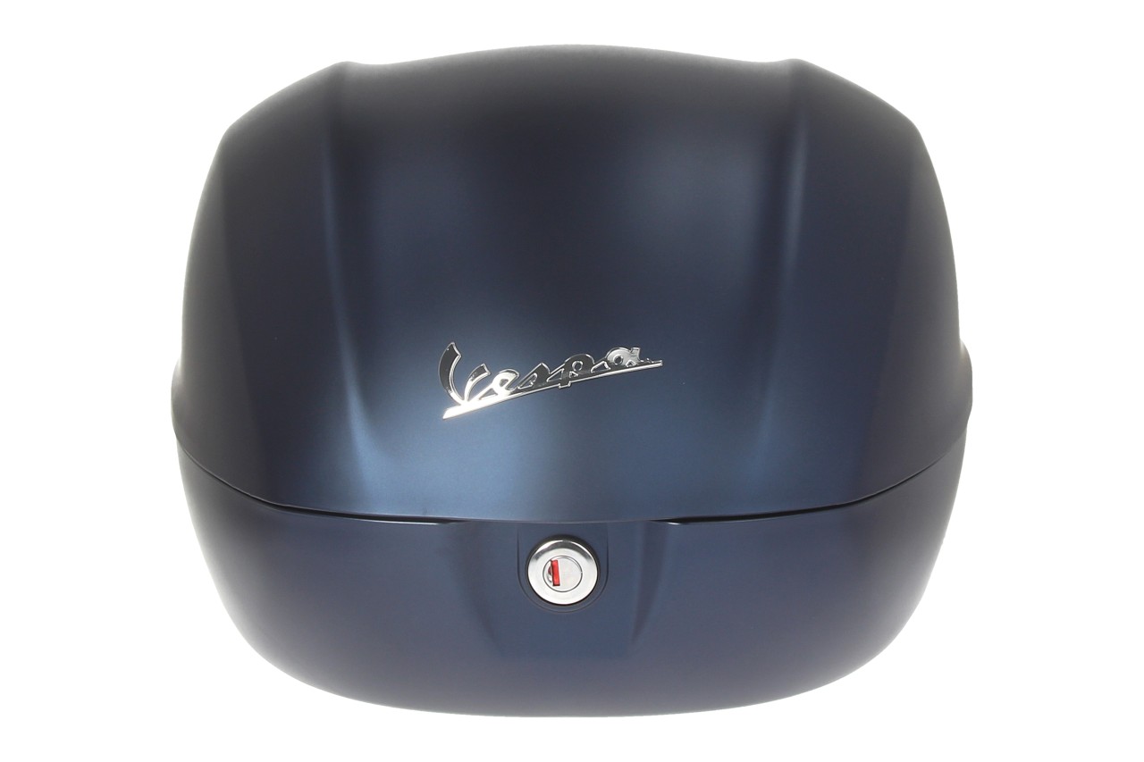Kit baúl 32L azul opaco profundo mate (288/A), cojín de respaldo negro para Vespa Primavera
