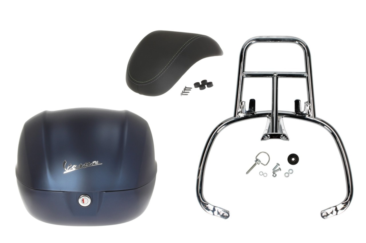 Kit baúl 32L azul opaco profundo mate (288/A), cojín de respaldo negro para Vespa Primavera