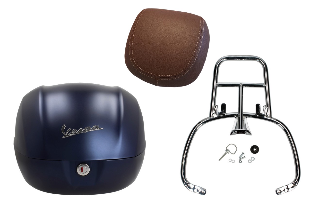 Kit baúl 32L azul oscuro opaco mate (288/A), cojín de respaldo marrón oscuro para Vespa Primavera