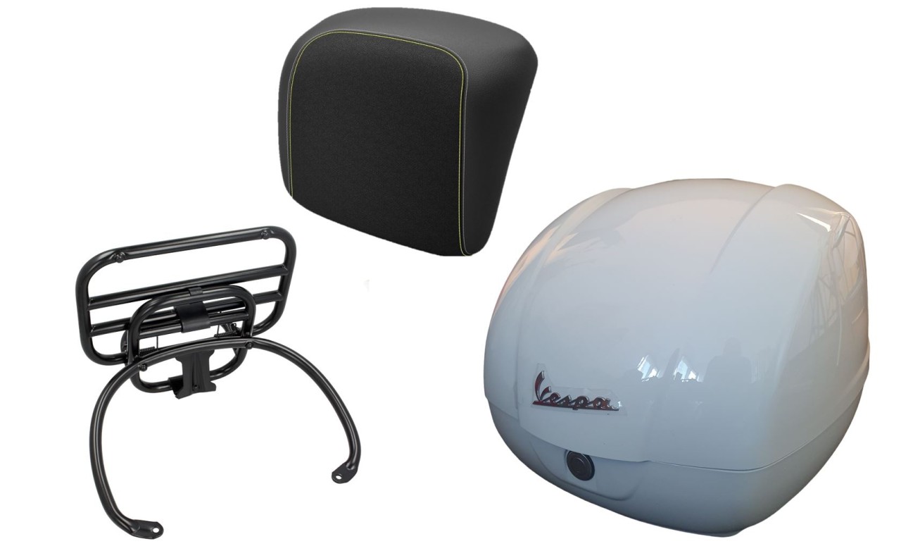 Kit baúl 36L blanco, portaequipajes negro, respaldo negro con costuras amarillas para Vespa GTS