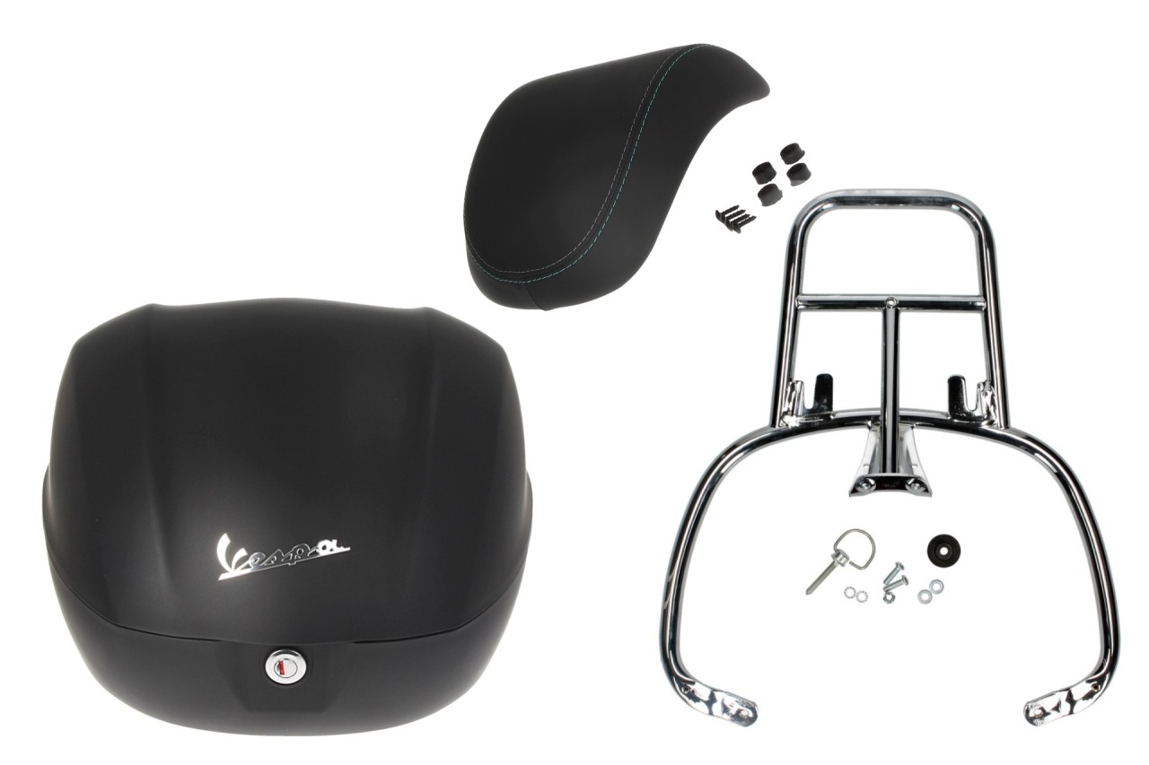 Kit de baúl trasero de 32 l en negro mate, acolchado para la espalda en negro y portaequipajes cromado para Primavera/Sprint