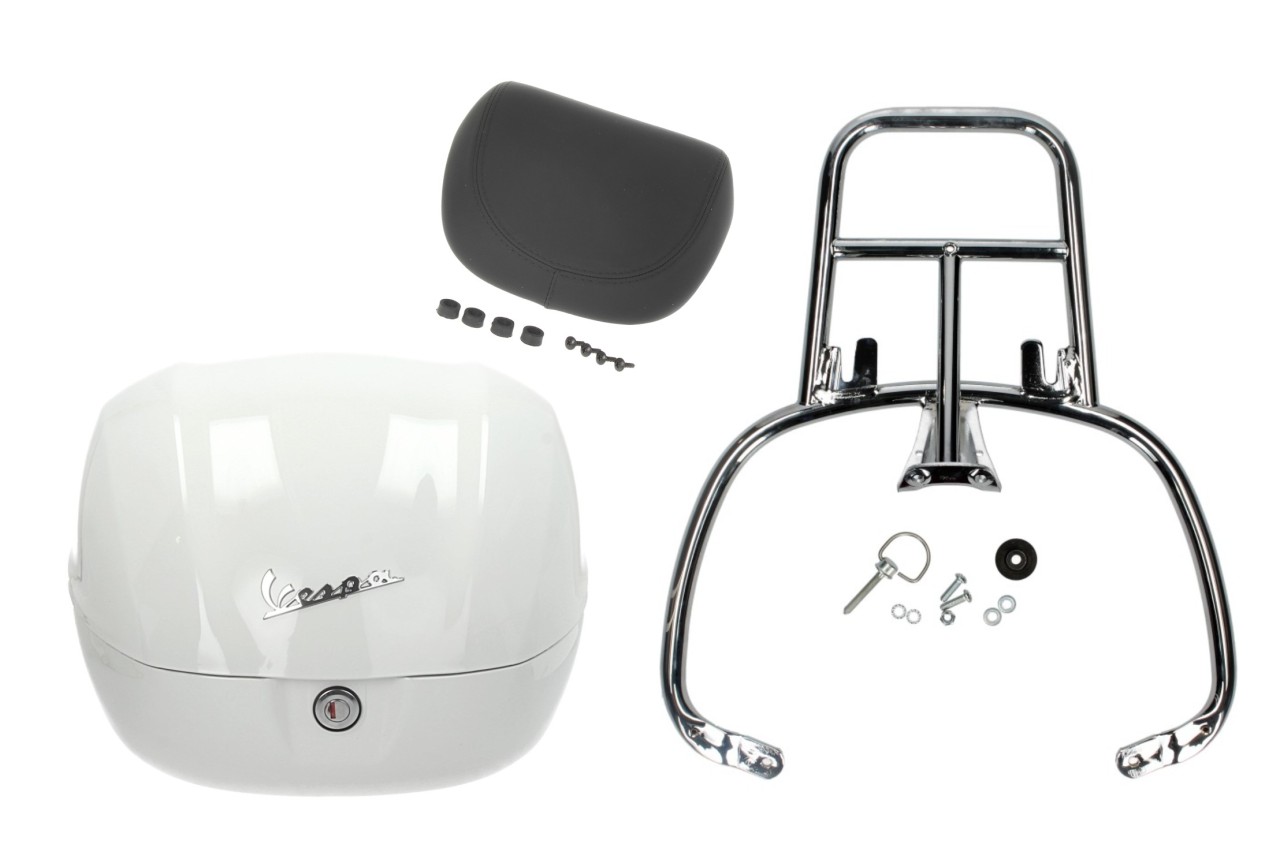 Kit baúl 32L blanco (B04), respaldo negro, portaequipajes cromado para Primavera