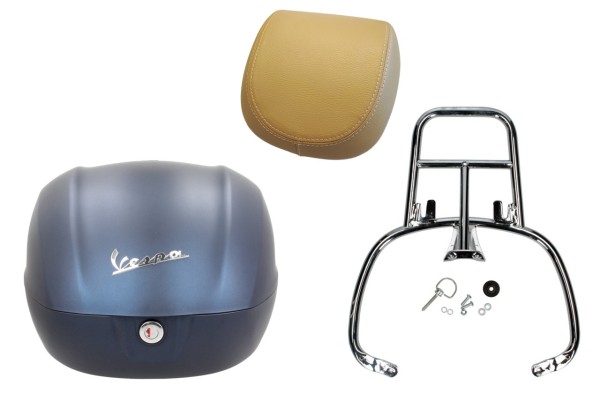 Kit baúl 32L azul mate (282/A), respaldo beige para Vespa Primavera