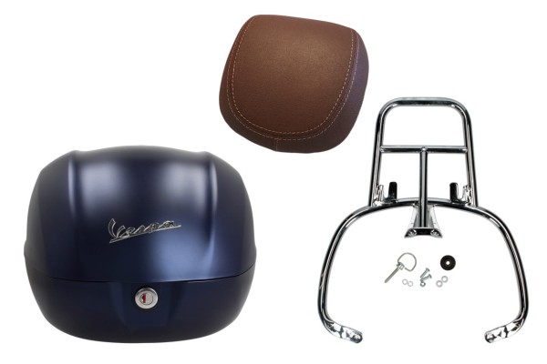 Kit baúl 32L azul oscuro opaco mate (288/A), cojín de respaldo marrón oscuro para Vespa Primavera