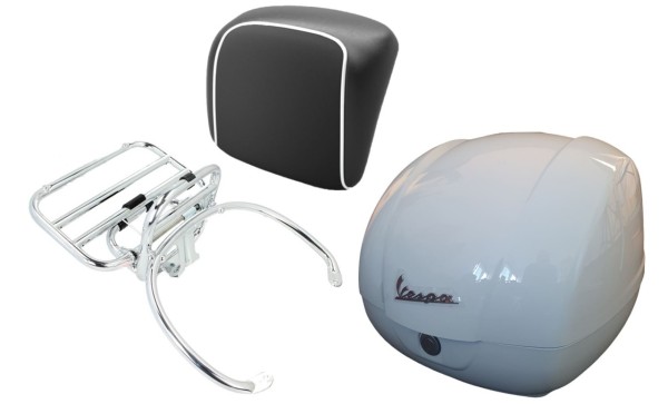 Kit baúl 36L blanco (B04), portaequipajes cromado cojín trasero negro, ribete blanco para Vespa GTS