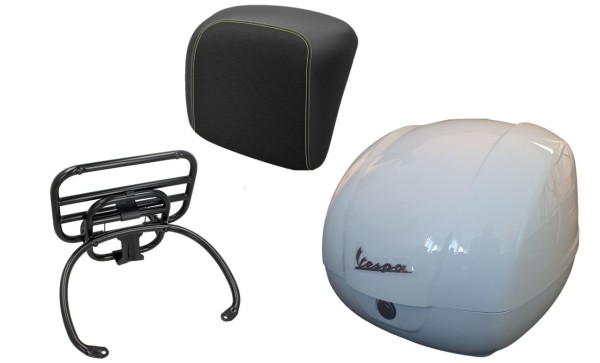 Kit baúl 36L blanco, portaequipajes negro, respaldo negro con costuras amarillas para Vespa GTS